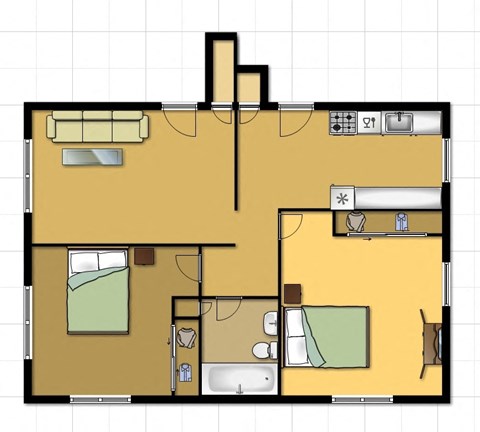 Floor plan for 2 beds, 1 bath, 720 sqft